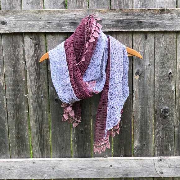 Accessories - Purple Lace and Floral Gauze Scarf or Shawl
